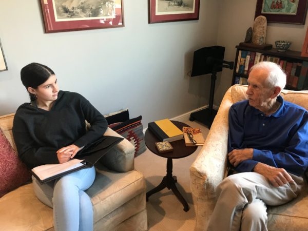 Natalia Weinstein interviewing Robert Gordon in his apartment at Ingleside. Carl Lankowski photo, January 2025