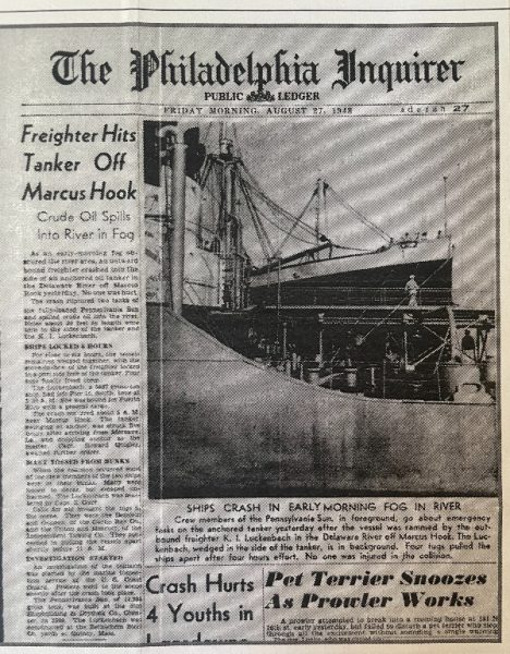 Copy of the Philadelphia Inquirer article about a tanker collision in 1957