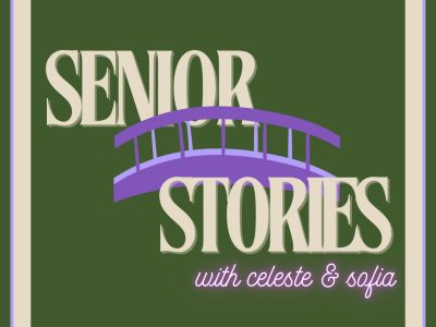 Logo for "Senior Stories" podcast by creators Celeste Martin and Sofia Vakis of Washington International School, 2024-25